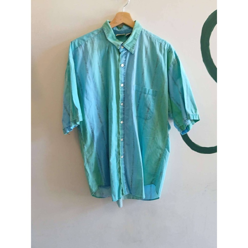 Shore Club Mens Vintage Teal Blue Striped Cotton Short Sleeve